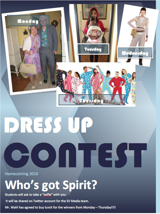 Students and staff can enter the campus dress-up contest for spirit week.