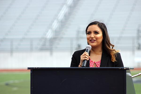 Senior Morghan Armenta addressed the crowd as a member of the student council, which organized the service.