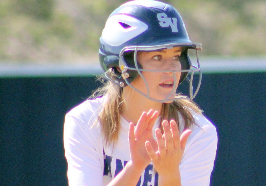 Freshman Ashlee Larue waits on base after getting a hit on Feb 17. at home in the teams 9-8 win over Los Fresnos.