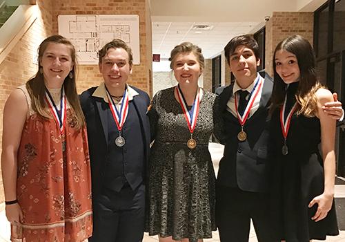 From left to right: Hannah Pittman, Jack Mobley, Emily Harrison, Elf Synodinos and Kaylee Underwood receive their awards 