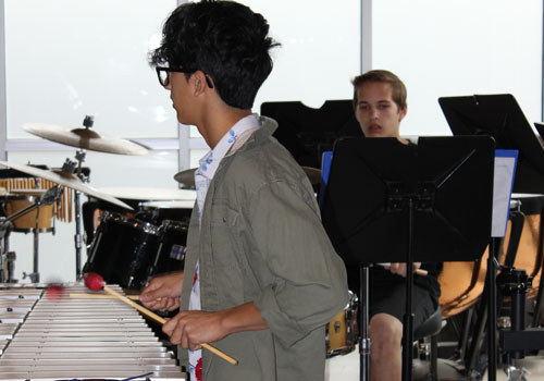 Senior Matthew Torres practices keyboard instrument in the senior dining hall. The percussion team has prepared for the "Percussion Pop" show on April 29.