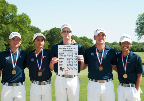 The boys golf team - Jordan Stagg, Joaquin Martinez, Tyler Horn, Evan Perez and Garret Coan - placed third at region to advance to state.