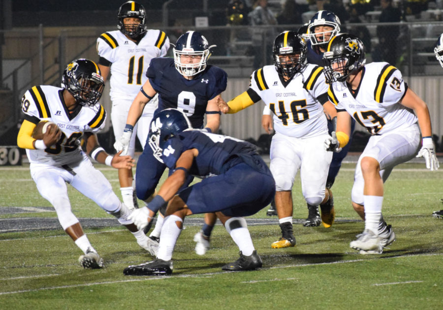 Senior defensive back Trevon Moehrig-Woodard and senior defensive lineman Alex Flores pursue the ball carrier during the Ranger's 54-0 rout of East Central on Sep. 29th. 