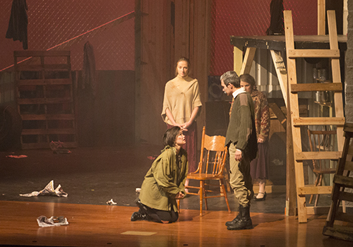 Kaylee Underwood as Juliet begs for her father's forgiveness from LJ Haider as Lord Capulet as Victoria Walton as Lady Capulet and Trinity Brown as the Nurse watch.