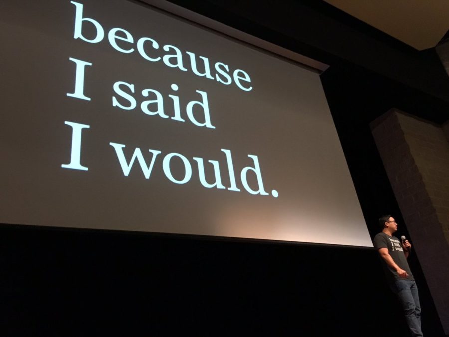 Founder of "because I said I would" Alex Sheen speaks to students about keeping promises. Sheen founded his nonprofit in 2012.