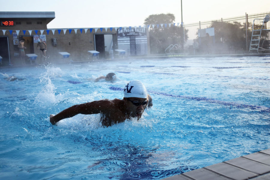 Amechi Nwaeze flies toward the wall during morning practice. He was part of the 200 medley relay that placed fifth at state and the 200 meter freestyle that placed ninth.