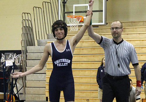 Freshman Zarek Holley claims victory over an opponent at the Akins wrestling meet on Feb. 7 at home. Holley finished 6th overall at the regional tournament this past weekend at San Antonio Blossom, marking SV's first boy Regional Placer. 