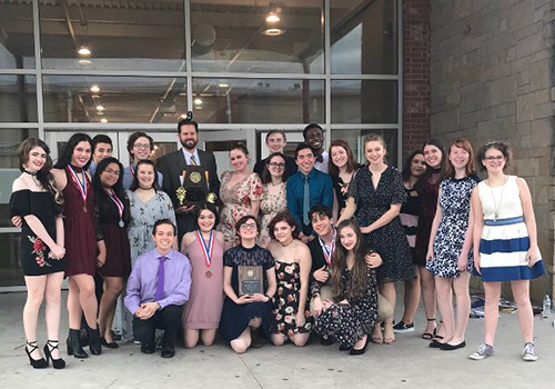 Cast of "Man From Nebraska" celebrates their win at 6A Zone competition at Canyon.