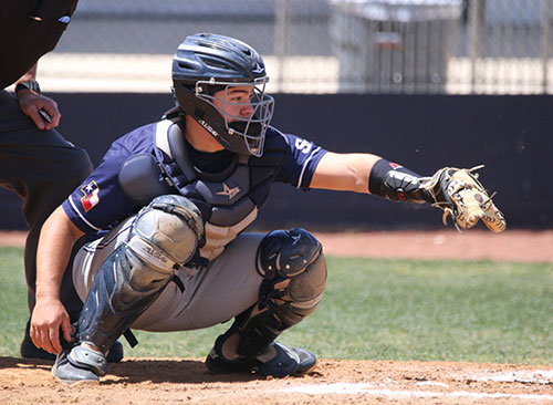 Senior catcher CJ Horn sets up for a pitch during the team's 2-1 win over Austin McCallum at home on Saturday. The team is 22-4 on the season and seeking a second straight district title.