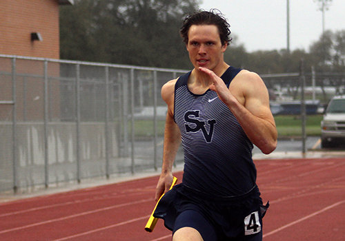 Senior Jacob Zuber reaches the final straight away during the 4x400 teams victory at the Ranger Relays.