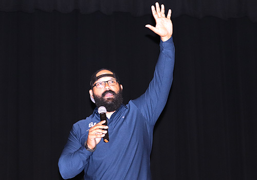 Stephen Mackey, @mackey speaks, delivers his message of character and responsibility today in the auditorium.