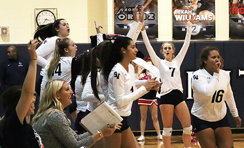 After yet another score, senior Tara McLeod, her teammates and coaches celebrate during the Steele match Tuesday at home.