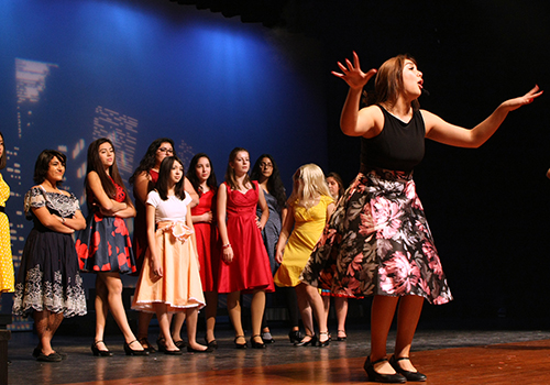 Senior Alexys Vallejo gestures in front of the Shark girls during "America."
