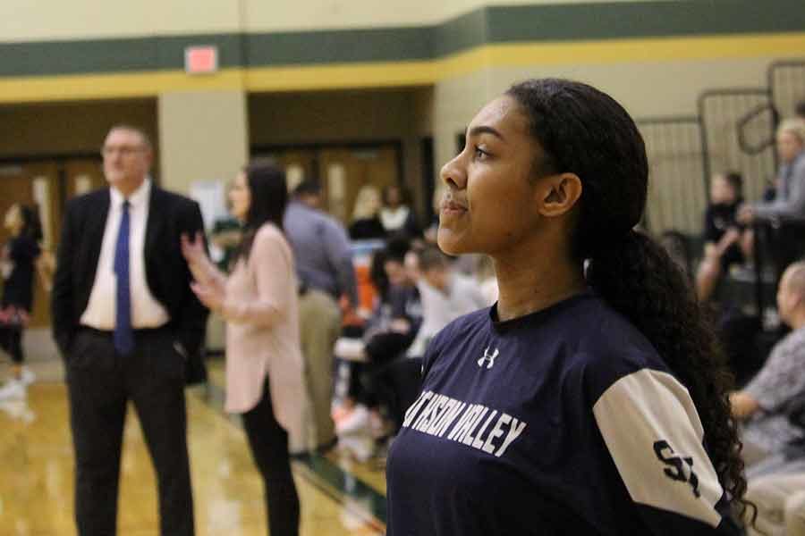 Junior Anika McGarity mentally prepares for the first playoff appearance appearance against Bowie on Feb. 11th at Canyon Lake high School.