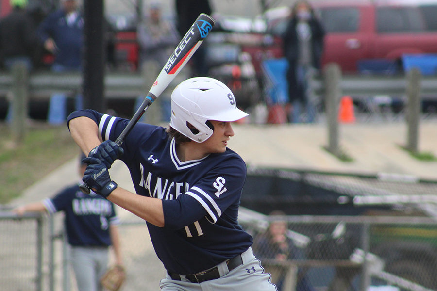 Senior Camron Taylor settles into the batter's box March 1. Baseball plays at home tonight.
