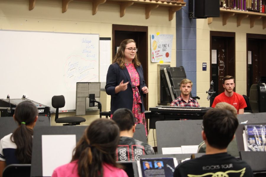 Junior trumpeter Caroline Kuhn introduces herself to the onlookers.