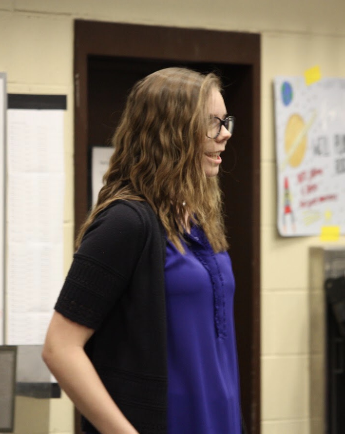 2019-2020 drum major Maya McBrayer beams at the audience during her audition.