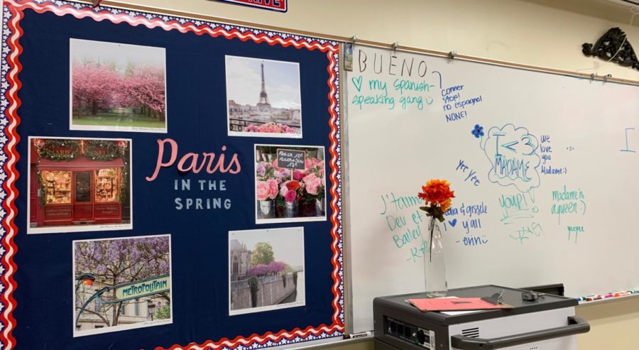 Teacher LeighAnn Hinsch's French classroom in A104.