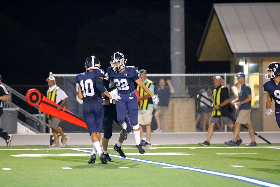 Safeties Jacob Perez and Jackson Sennie high-five after forcing an incompletion against Hendrickson. The Ranger secondary will be tasked with slowing down star QB Didomenico, who has 10 touchdowns.