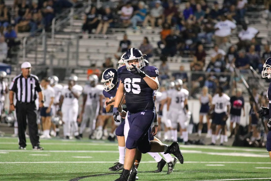 Ranger offensive lineman Nathan Moczygemba celebrates a field goal against Pflugerville Hendrickson. The team didn't do much celebrating tonight against Clemens, though, as they lost 15-7.