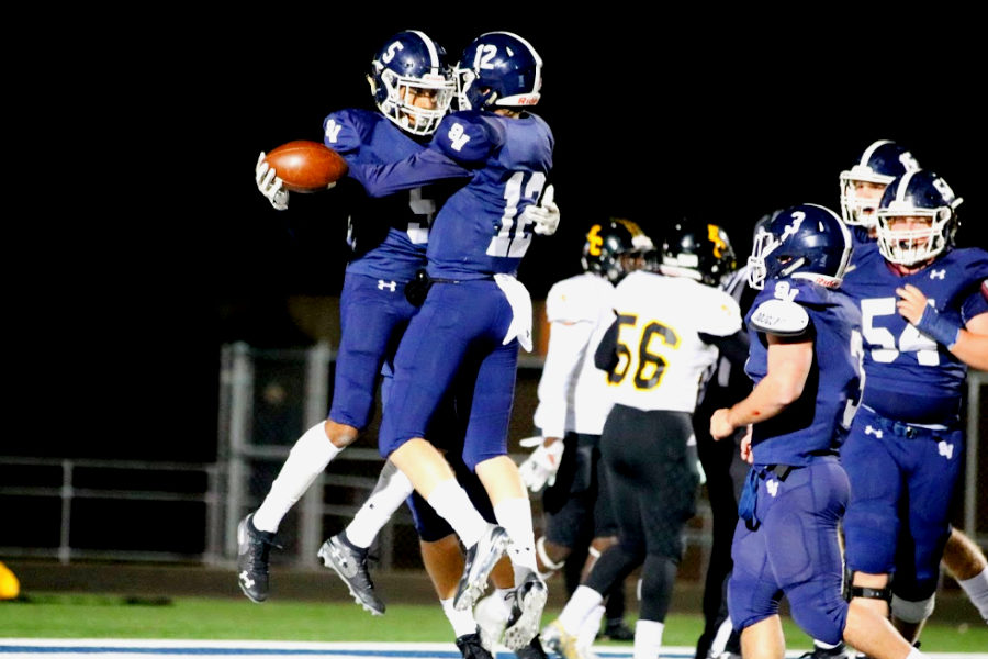 Greg Eggleston (left) and Luke Gombert celebrate an Eggleston rushing touchdown against East Central. Eggleston will need more big plays if the Rangers want to beat Judson.