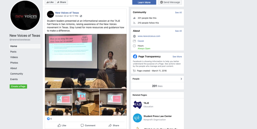 New Voices of Texas spreads awareness on their Facebook page.