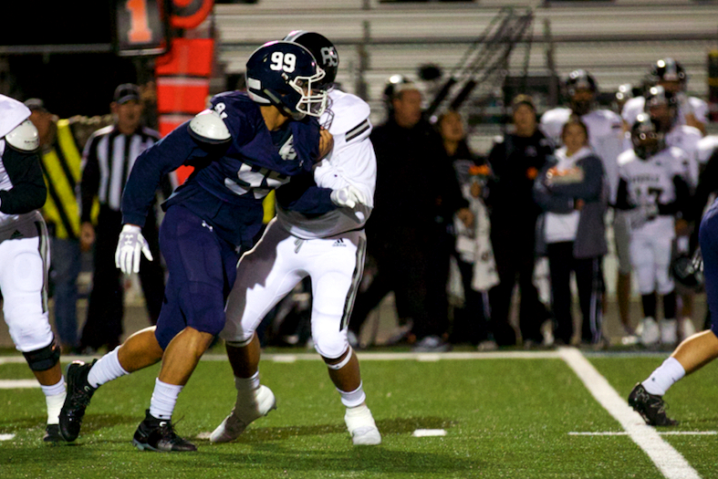 DE Trey Moore sheds a blocker during a loss against Steele. Moore and Trey Witcher will play a big role for the Rangers in this week's playoff opener at Lake Travis.