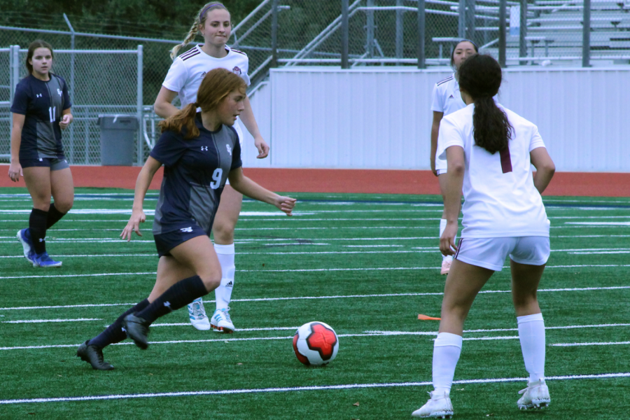 Freshman Sabrina Taber dribbles down the pitch during a 10-1 victory Uvalde in the Ranger Classic. Taber scored five of the Rangers' 10 goals.