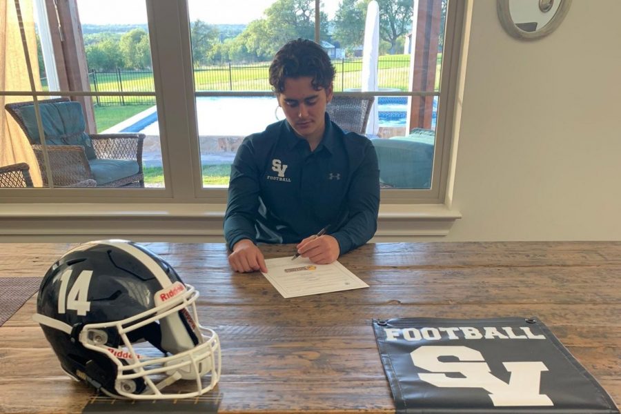 Senior Joaquin Rodriguez signs his letter of intent to play at Texas Lutheran University. Rodriguez hopes to kick and punt for the Bulldogs.
