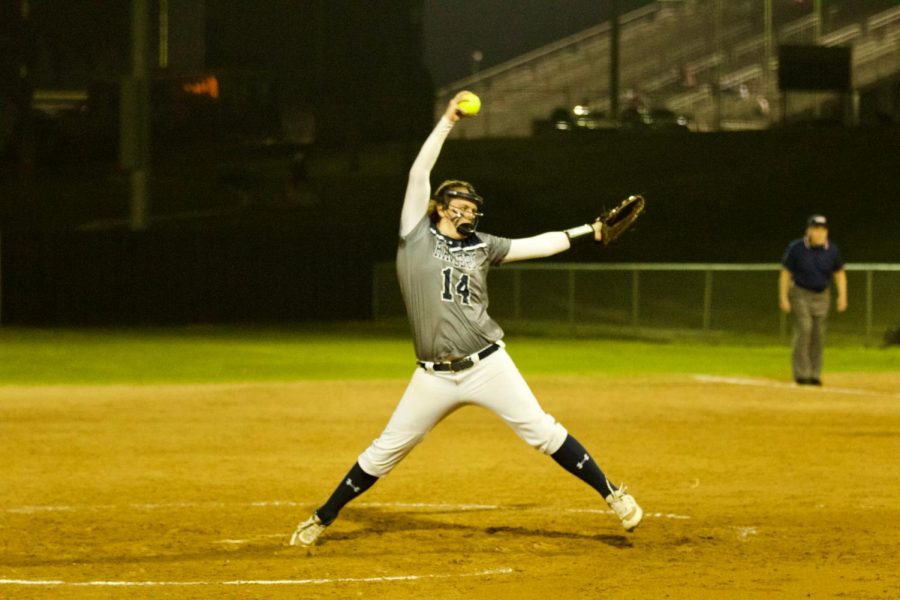 Seneca Anthony hurls a pitch. Anthony, a sophomore, has already played her last game this season.