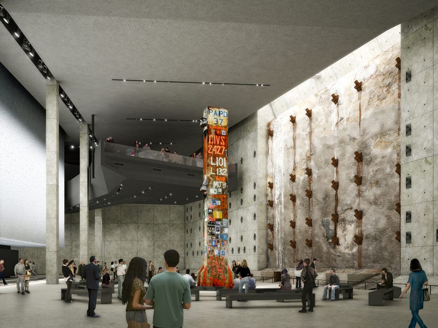 The World Trade center features a 9/11 memorial. The retaining wall and "Survivor Steps" can be seen here.
https://www.wtc.com/media/photos/911-memorial-and-museum 
