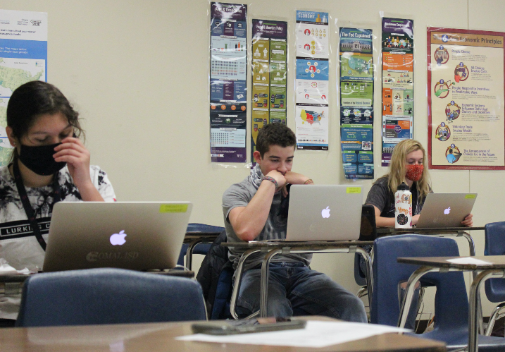 Halfway through their second period U.S. government class, seniors Zach Santana and Hadley Thomas research for their projects. 