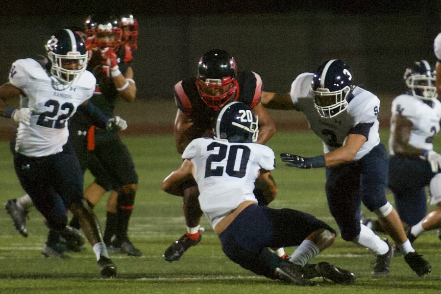 David DeHoyos brings down a Wagner running back. DeHoyos, a safety, will have his hands full against a talented East Central receiving corps.