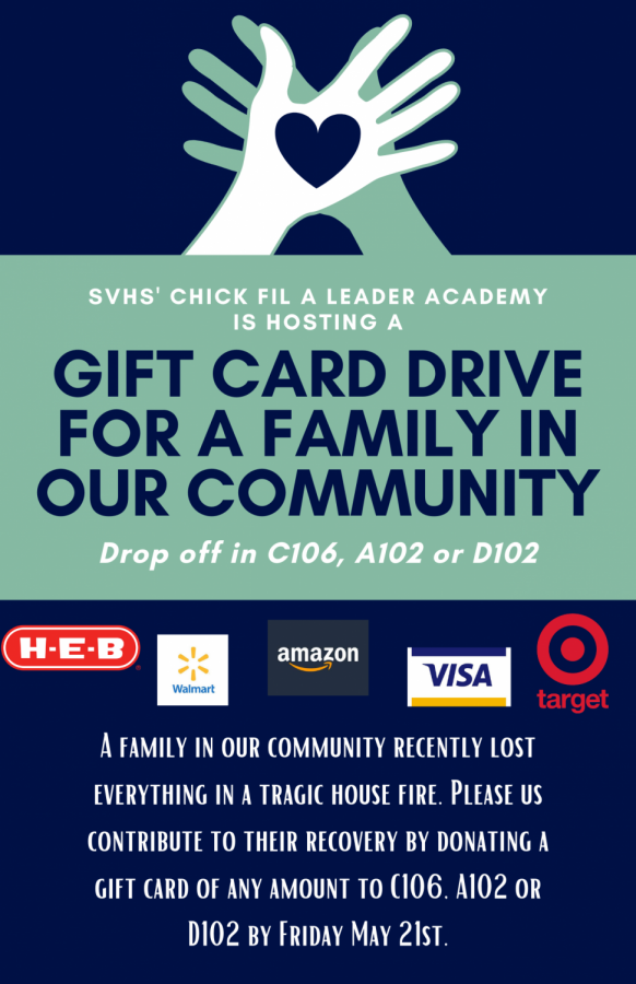 Gift cards can be dropped off in classrooms A102, C106 and D102.