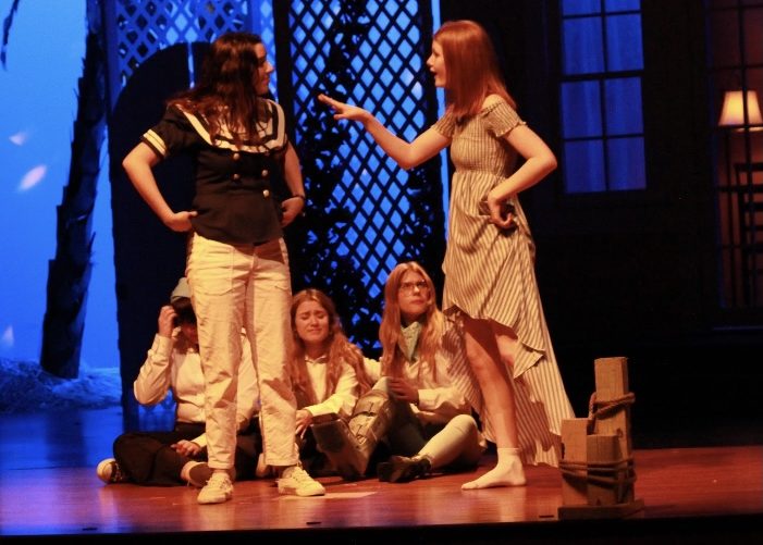 Ellie Seamster, Aidenne Despres, Virginia Price, Aubree Reynaud and Julie Lewis perform a scene from "Twelfth Night", during one of their last dress rehersals before their performance this week. Theater rehearses everyday after school until 5:30 and on Saturdays.