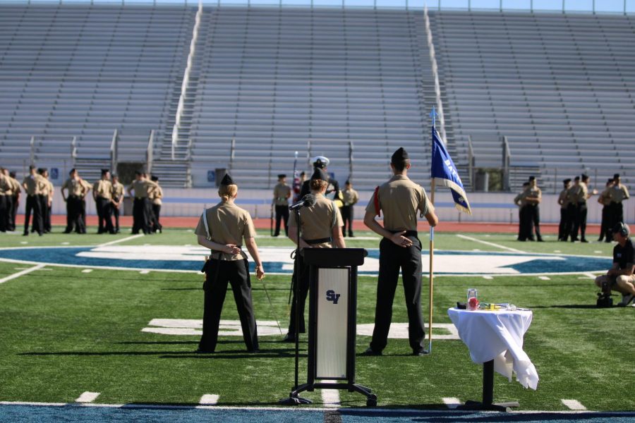The Junior Reserve Officer's Training Corps Color Guard presented the flags to begin the assembly.
