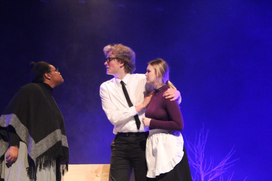 Production students Emma Derr, Chaya Powell and Rowen Hamilton during the dress rehearsal for their show “The Castle”. Production will be performing the show in a series of UIL competitions in March.