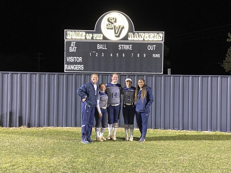 Seniors Seneca Anthony, Avery Truss and Alexis Vasquez with Coaches Amanda Wolf and Shanika Randle. (Photo by Holly Anthony)