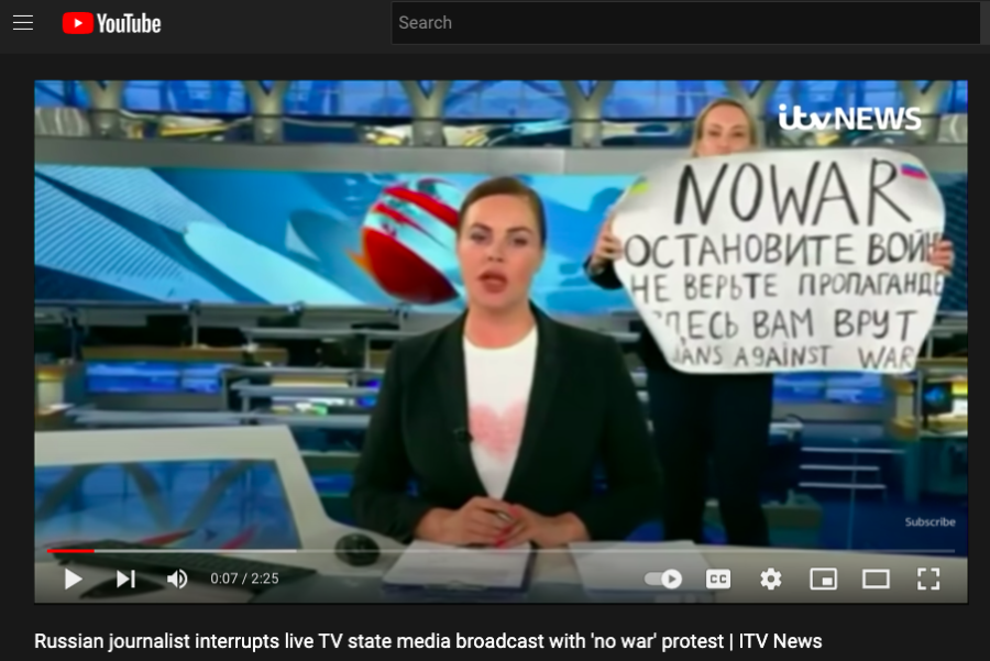 In this video posted on YouTube by ITV News, Russian journalist                     protests on live TV her country's war with the Ukraine