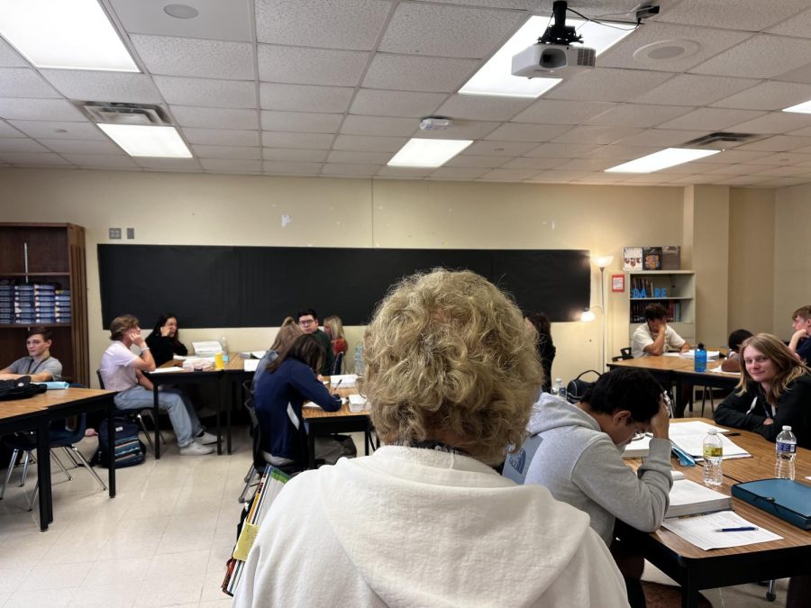 Long-term substitute Martha Coons teaches English IV in Amber Sladek's old classroom.