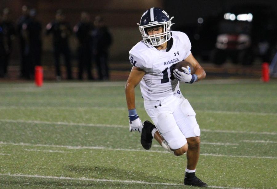 Senior Brayden Bafidis takes the ball down the field in just one of the seven times he touched the ball against Wagner. He scored a 28-yard receiving touchdown, returned a punt for 10 yards, returned a kickoff for 17 yards and ran for 24 yards on four carries.