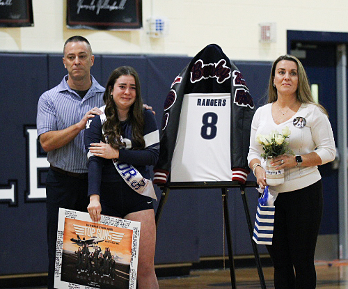Haley Barsky gets emotional during the Senior Night ceremony.