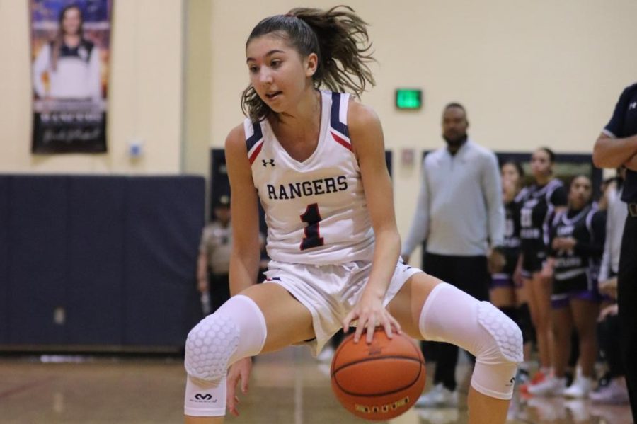 Sophomore Mia Perez dribbles down the court.