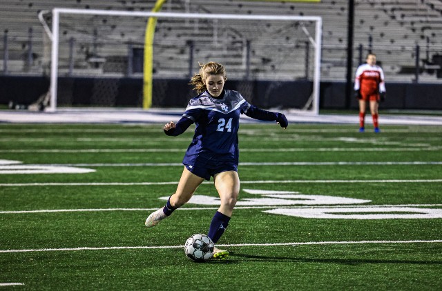 Sophomore Katelyn North clears the ball from her defensive third. The Rangers beat Seguin 10-0 on Feb. 24. 