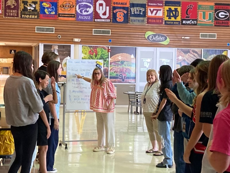 ASL teacher Claudia Barthuly and sub Tamra Carson merge ASL classes for practice in conversational signing on Aug. 31.