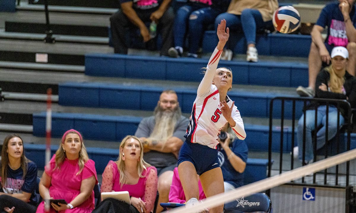 Senior Macie Mathis, who has verbally committed to Texas Tech, slams the ball against Canyon Tuesday at home. The team lost 1-3 to the district leader and sit fourth in the seeding for playoffs.