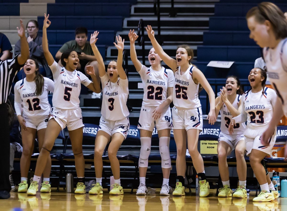 Last years team celebrating a three pointer made. Shown in the photo (left to right) is senior Bella Reyes, senior Sidney Smith, senior Sammy Carroll, sophomore Cyanna Cavazos, senior Izzy White, graduate Caroline Dyess, and senior Heavyn Carter.
