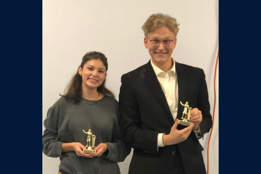 Seniors Olivia Diaz and Rowen Hamilton show off their trophies from the regional Student Congress competition. Photo via Shonnie Hamilton.