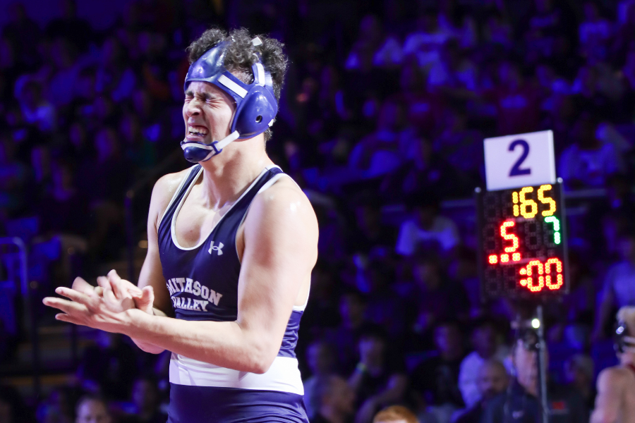 Efren "Junior" Arizmendez wins first in state on Feb. 16 after not losing a single match. Photo courtesy of SV Wrestling
