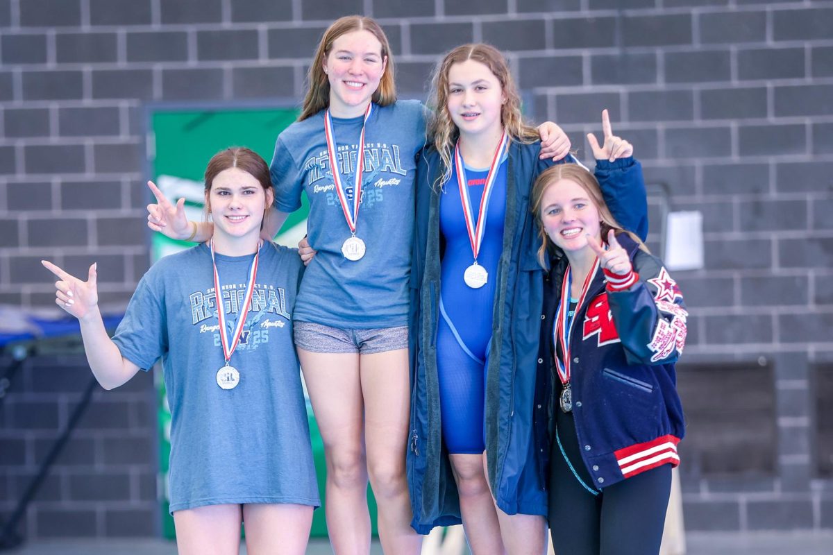 Freshman Elise Hornburg (middle right) with her relay teammates on the podium and the regional meet.